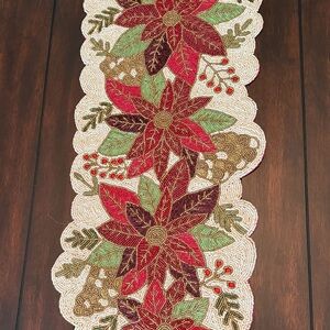 Cynthia Christmas Beaded Table Runner Poinsettia Holiday Red and Green